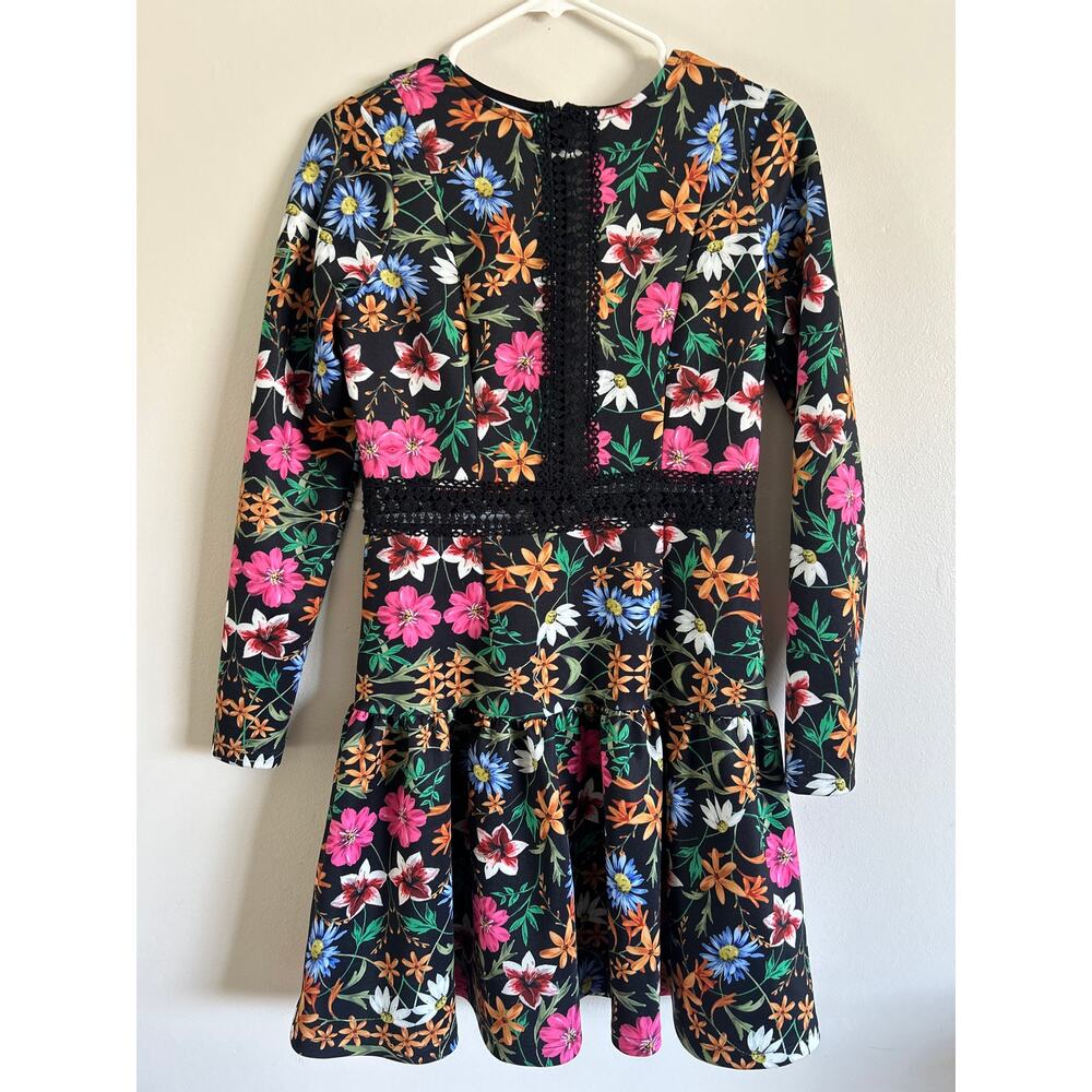 Alexia Admor Girls Floral Dress Size 2 Black Lace Panel Long Sleeve Fit & Flare